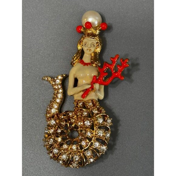 Hutton Wilkinson Mermaid Brooch Swarovski Crystal Red Coral Crown 3" 1990s Signe - Picture 6 of 10